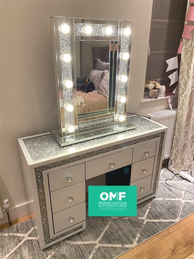 * Monica Diamond Crush Mirrored White 7 Draw Dressing Table with a Diamond  Crush Top & Border & Hollywood Mirror in stock