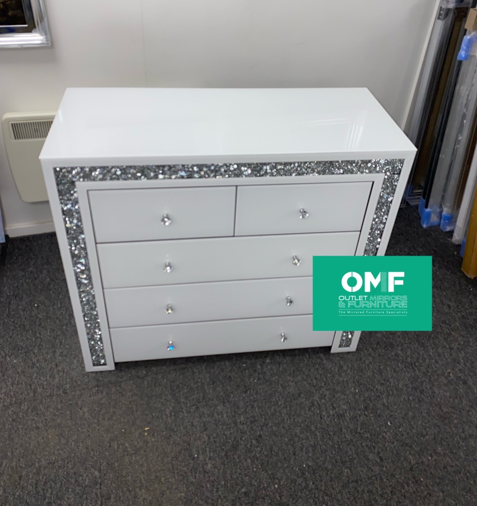 PRE ORDER SPECIAL OFFER PRICE FEB DELIVERY * Monica Diamond Crush Border Mirrored White 5 Draw Large Chest with a Diamond crush Border -