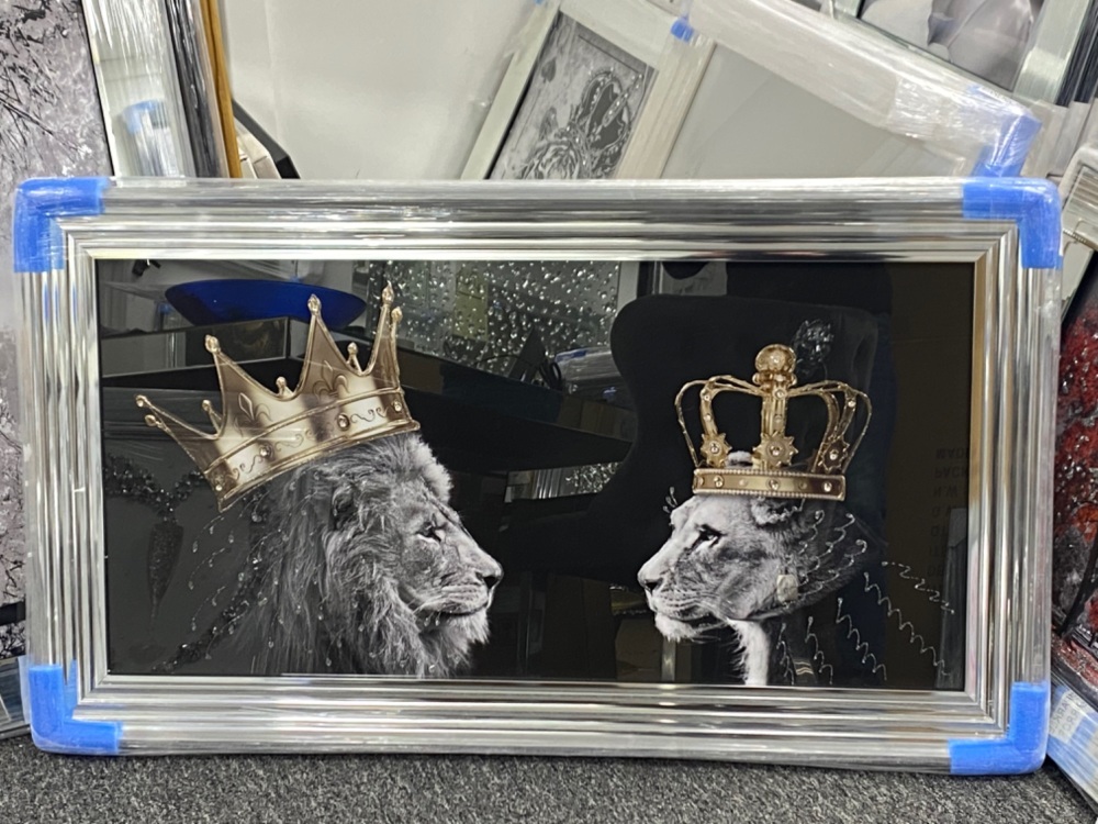 King Lion & Queen Lioness in a chrome metallic stepped framed 114cm x 64cm