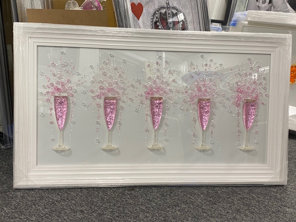 3D Champagne flutes Pink wall art on a white background in a white stepped 