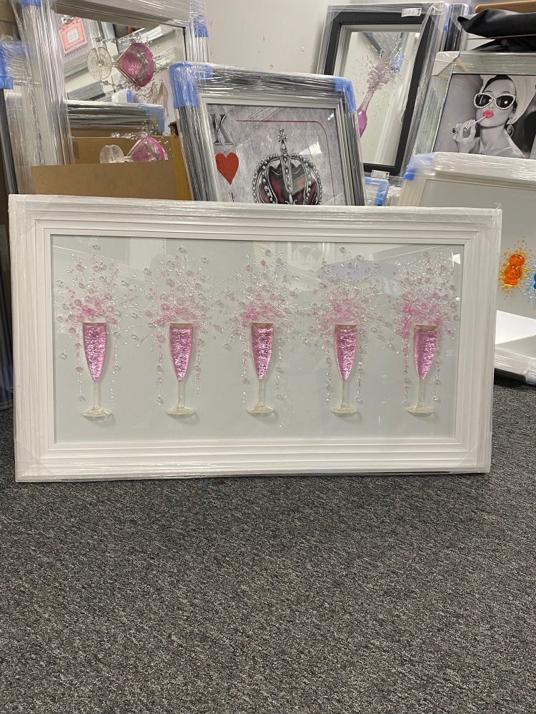 3D Champagne flutes Pink wall art on a white background in a white stepped  frame  in stock