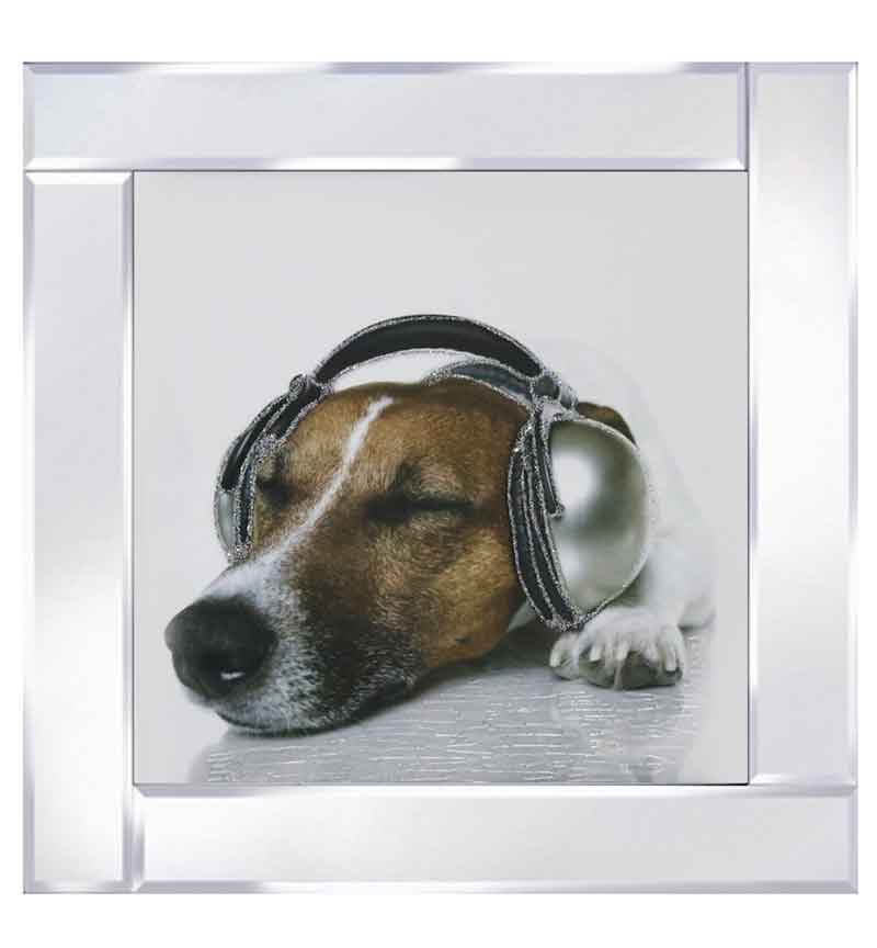 Mirror framed art print "Dog with Headphones" 60cm x 60cm