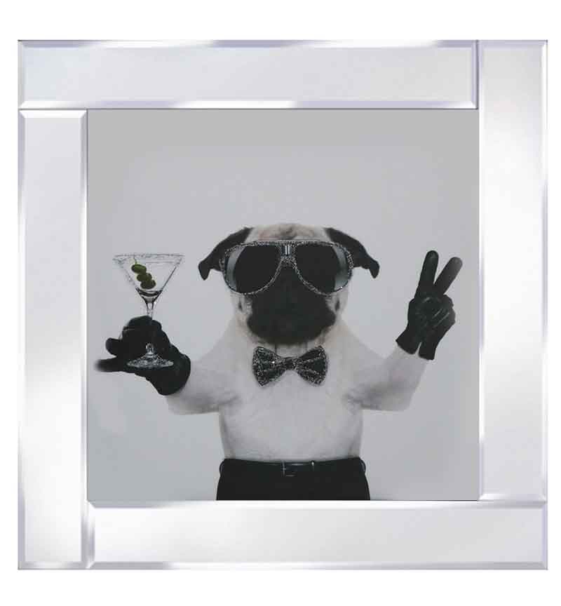 Mirror framed art print "Cool Pug with Martini & Victory Sign" 60cm x 60cm