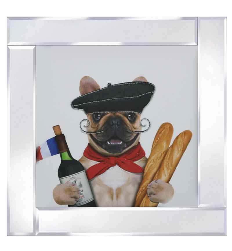 Mirror framed art print "Bulldog with Red wine & Baguette" 60cm x 60cm