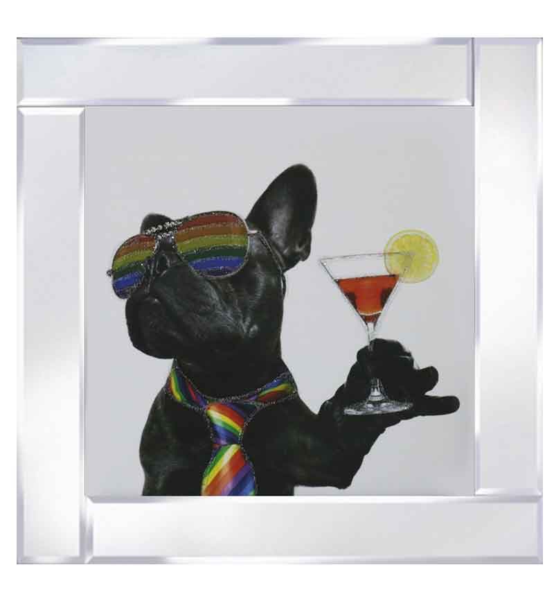 Mirror framed art print "Bulldog with Rainbow Tie & Glasses" 60cm x 60cm