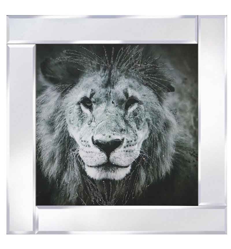 Mirror framed Lion head Silver Glitter 60cm x 60cm