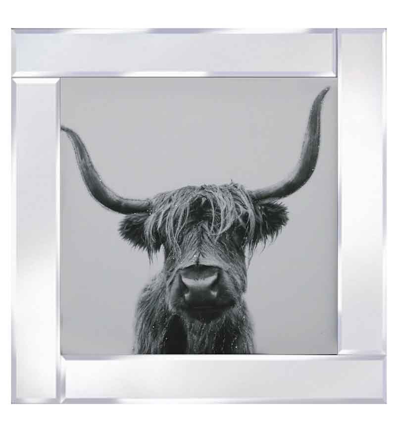Mirror framed art print "Highland Cow Silver finish" 60cm x 60cm