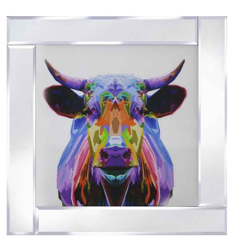 Mirror framed art print "Multi colour Bull Art" 60cm x 60cm