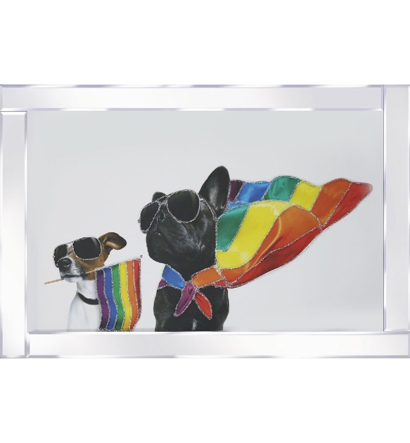 Mirror framed art print " Dogs with Rainbow Flag " 100cm x 60cm 