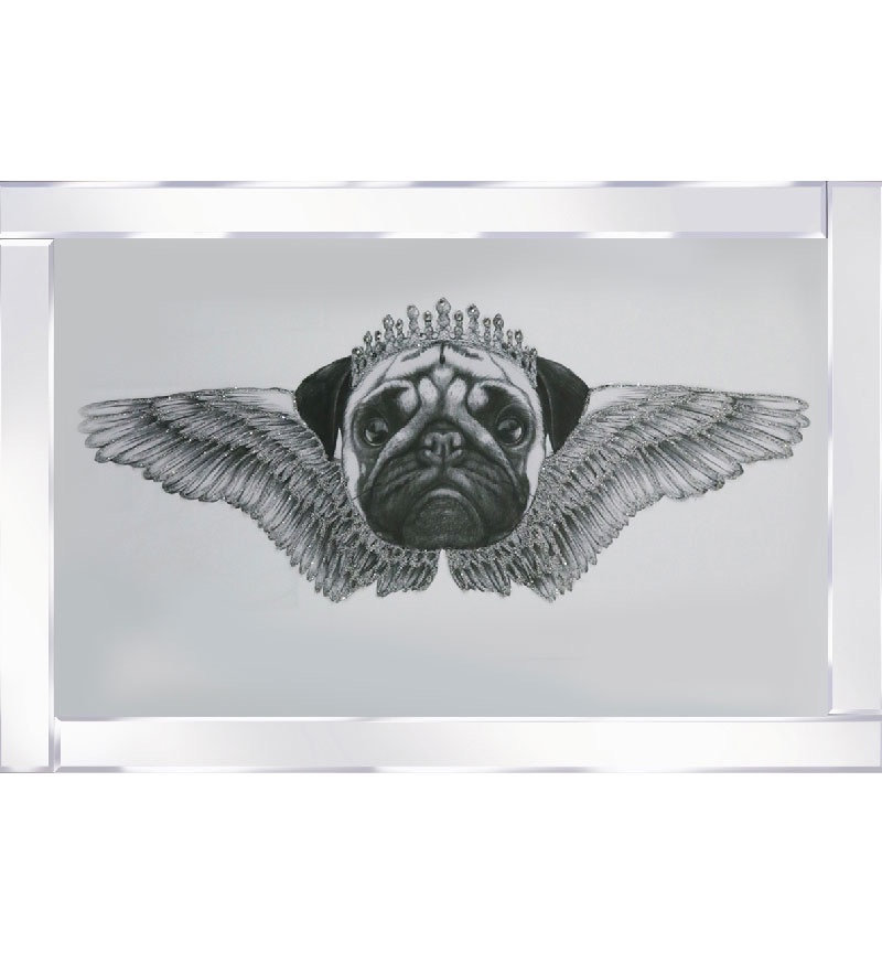 Mirror framed art print " Pug with Wings " 100cm x 60cm 
