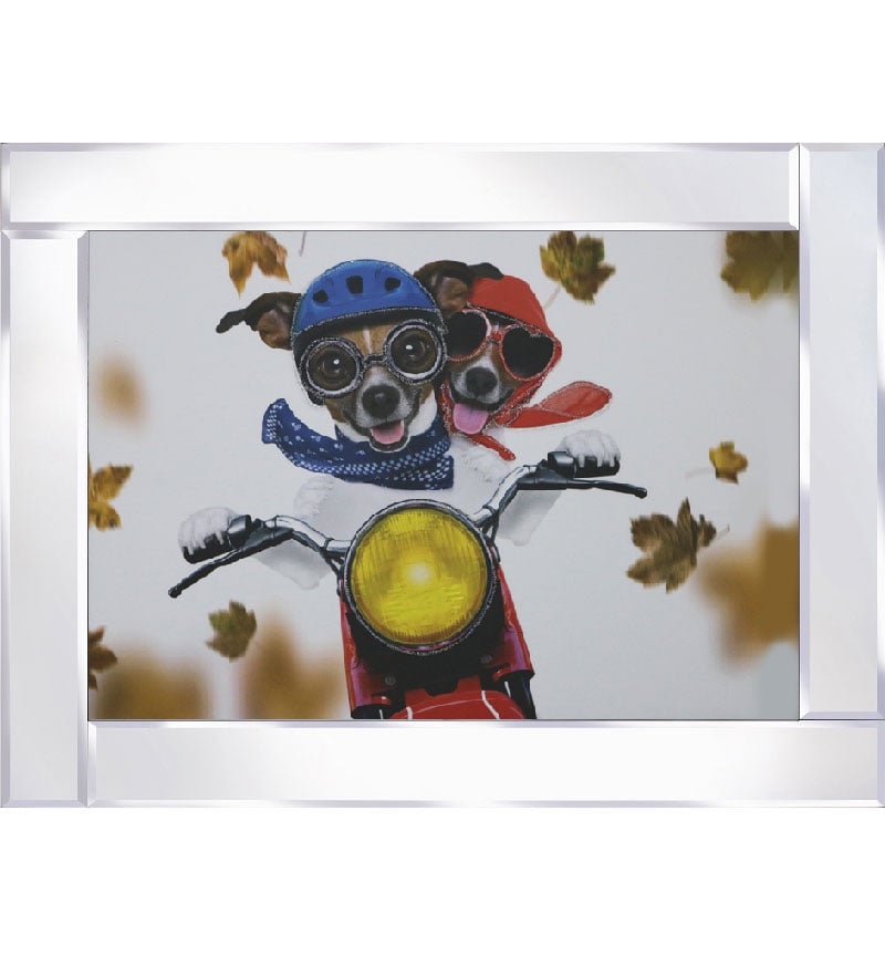Mirror framed art print " Couple of Dogs on Motorcycle "  95cm x 75cm