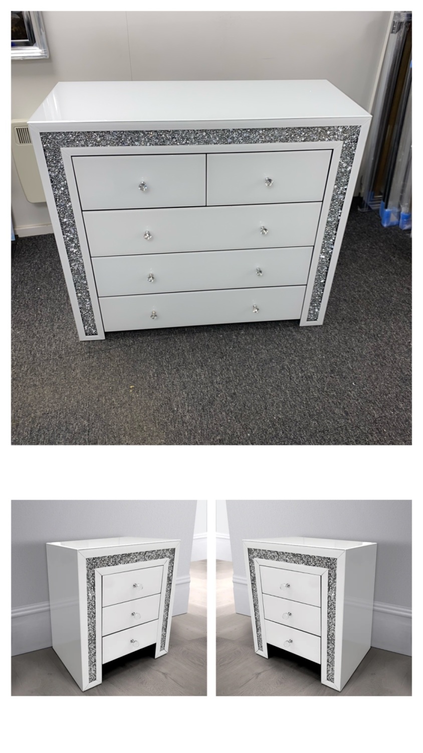 * Monica Diamond Crush Border Mirrored White 5 Draw Large Chest & 2 Bedside