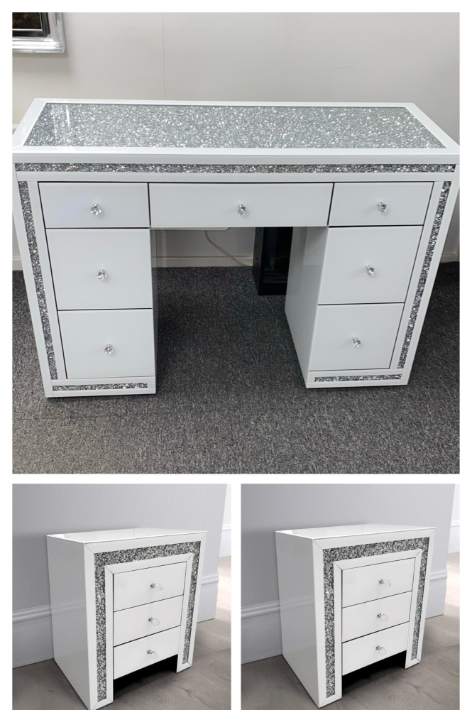 * Monica package Deal  Diamond Crush Mirrored white 7 Draw Dressing Table with a Diamond crush Top & 2 bedside chest of  draws - IN STOCK