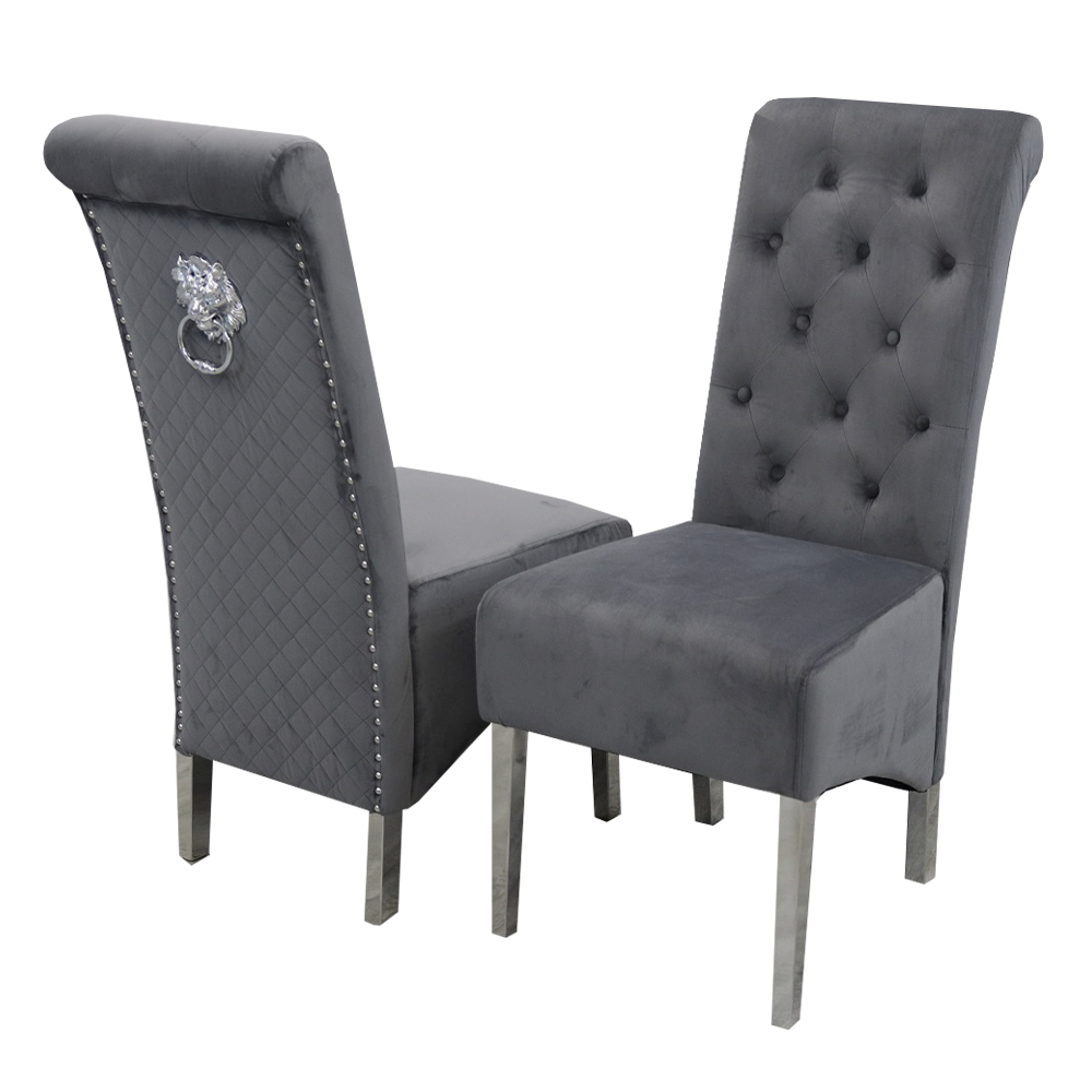 Emma Lion Knocker Dining Chair in Grey with Chrome  Leg