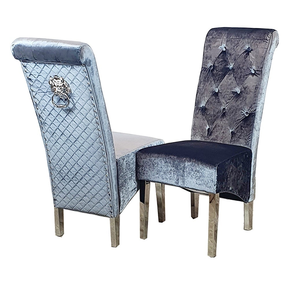 Emma Lion Knocker Dining Chair in Shimmer Grey Silver with Chrome  Leg