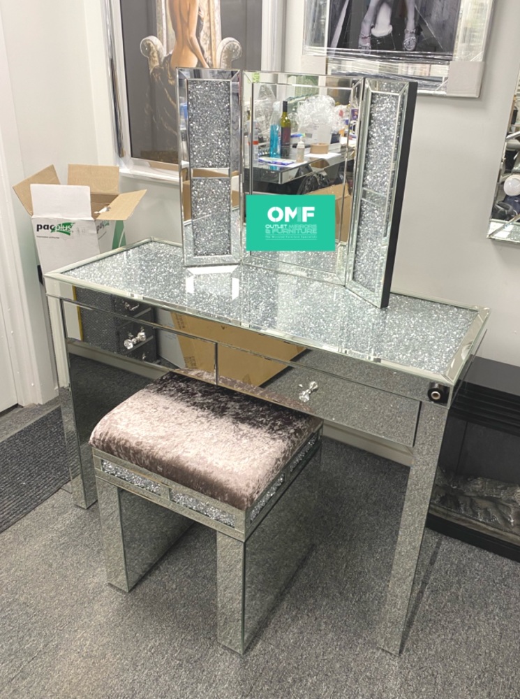 * Monica Diamond Crush Mirrored Silver 2  Draw Dressing Table with a Diamond Crush  Top , Stool & Tri fold Mirror special Package price - in stock
