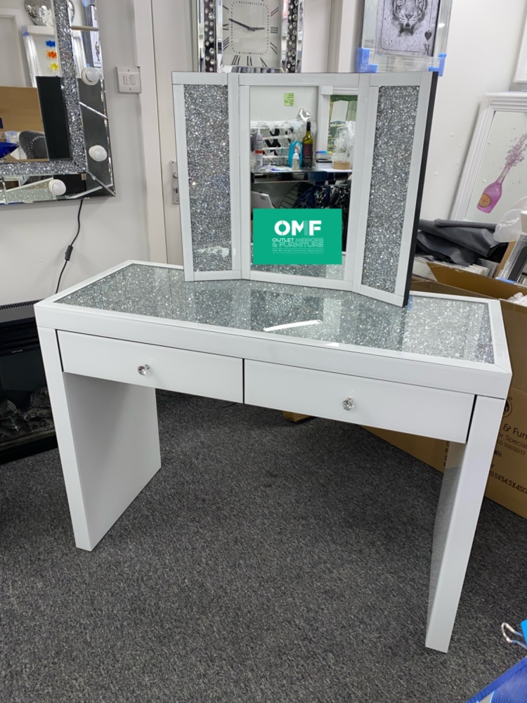 * Monica Diamond Crush Mirrored White 2  Draw Dressing Table with a Diamond  Crush Top  Special offer price in stock