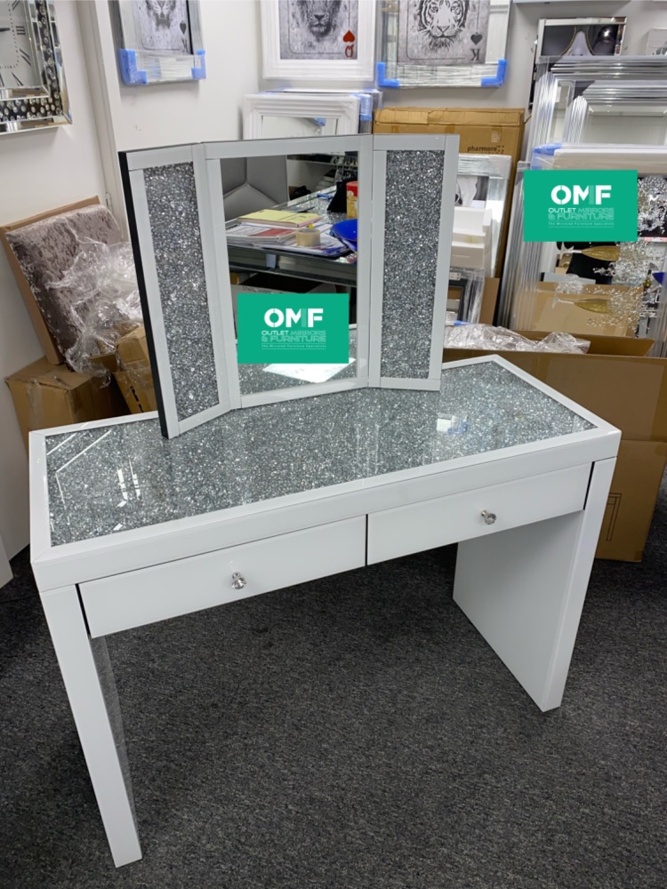 * Monica Diamond Crush Mirrored White 2  Draw Dressing Table with a Diamond  Crush Top & Tri Fold Mirror Special offer  price - in stock
