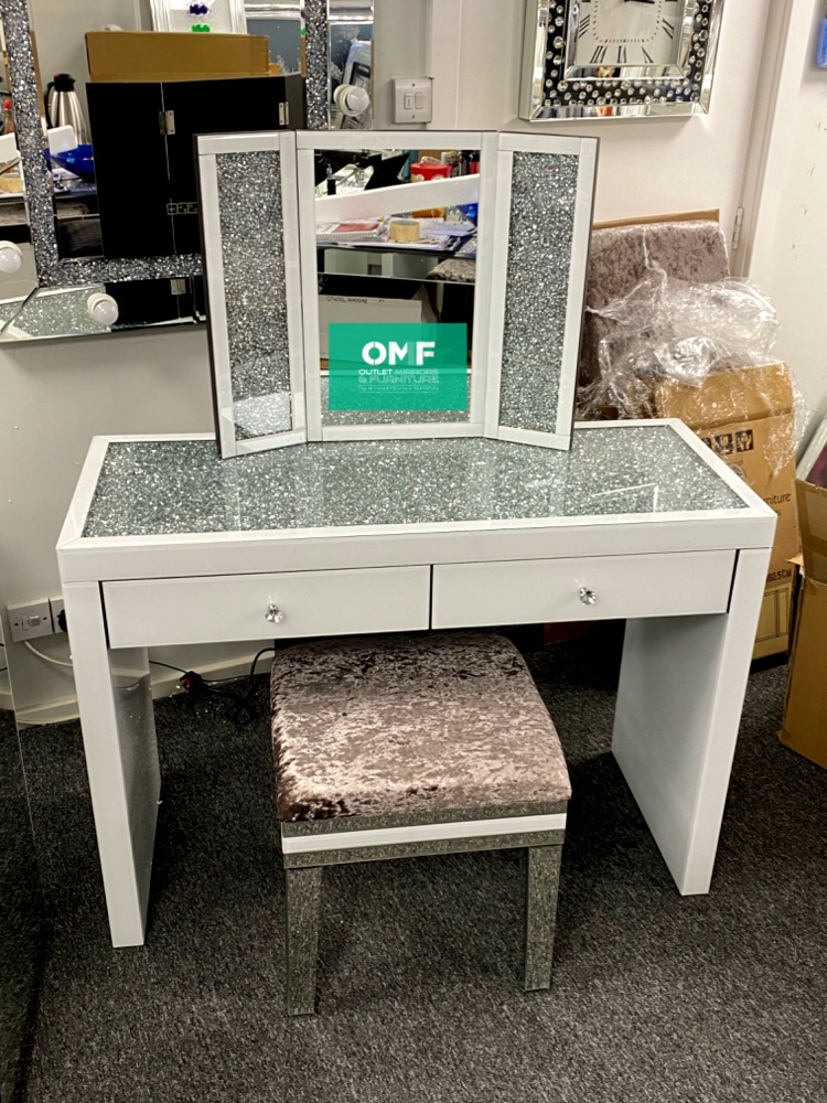 * Monica Diamond Crush Mirrored White 2  Draw Dressing Table with a Diamond  Crush Top & Stool  special price - in stock