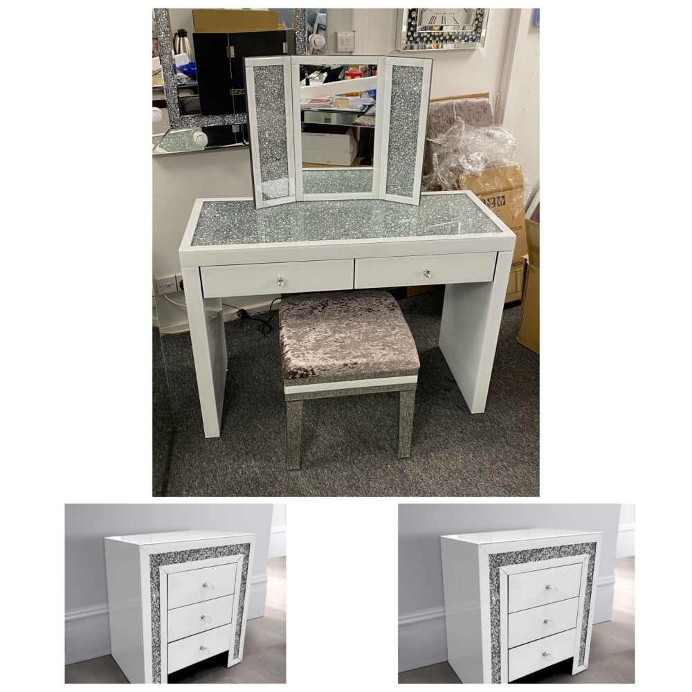 * Monica Diamond Crush Mirrored White 2  Draw Dressing Table with a Diamond Crush Top, 2 bedside Chest of Draws,  Tri Fold Mirror Special offer price