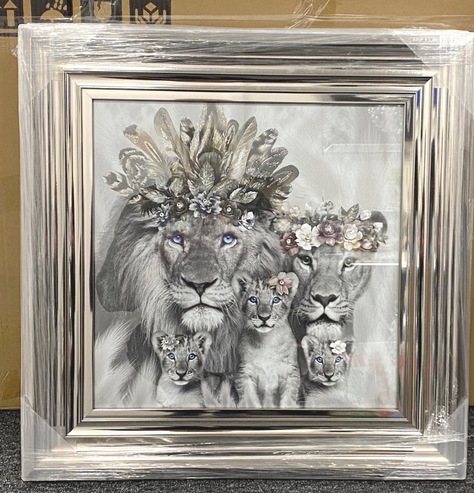 # Lion King & Lion Queen with 3 Cubs  in a chrome Metalic frame 55cm x 55cm 