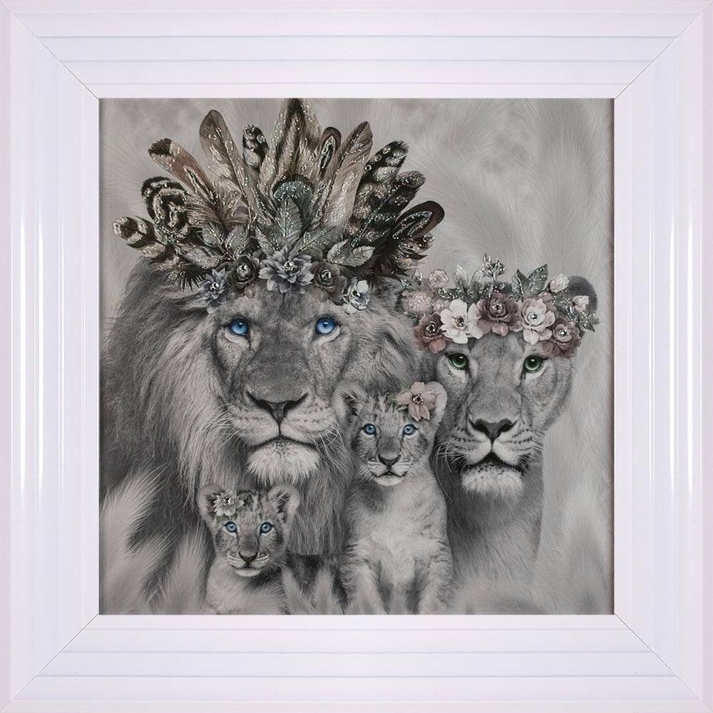 # Lion King & Lion Queen with 2 Cubs in a chrome metallic frame 55cm x 55cm