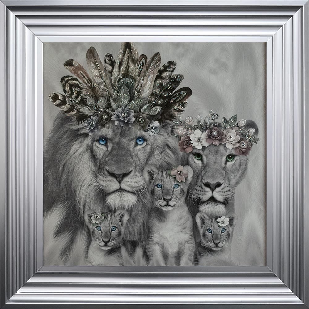 # Lion King & Lion Queen with 3 Cubs  in a chrome Metalic frame 55cm x 55cm 
