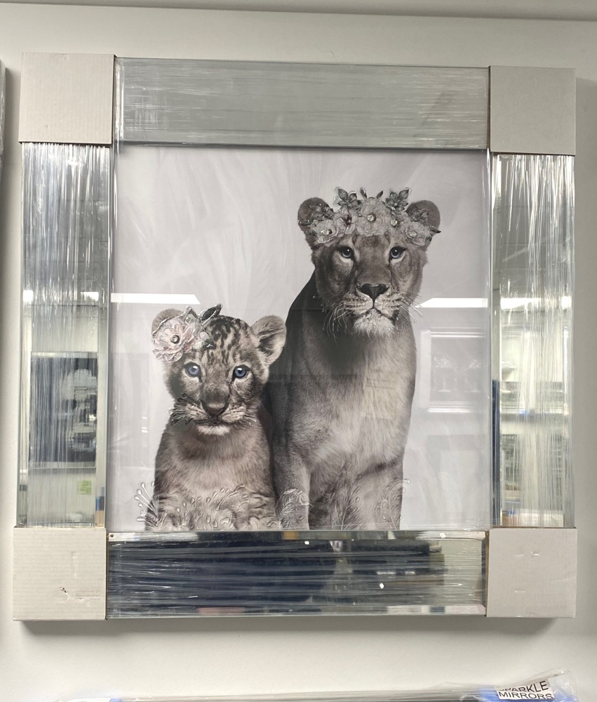 # Lion Queen & Cub in a mirrored frame in stock 