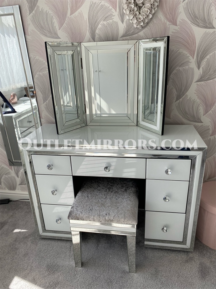 *Atlanta White & Mirrored 7 Draw Dressing Table, Stool & Tri Fold mirror - 