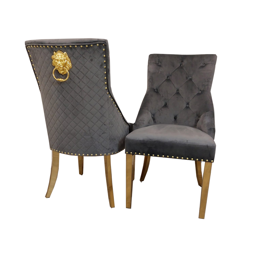 Majestic Lion Back Dining Chair in Dark Grey with Gold Leg