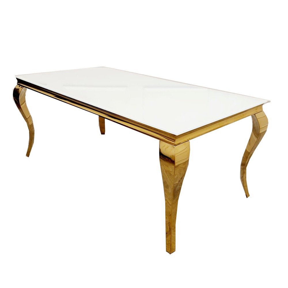Louis Gold framed Dining table with white glass Top 6 sizes to choose from
