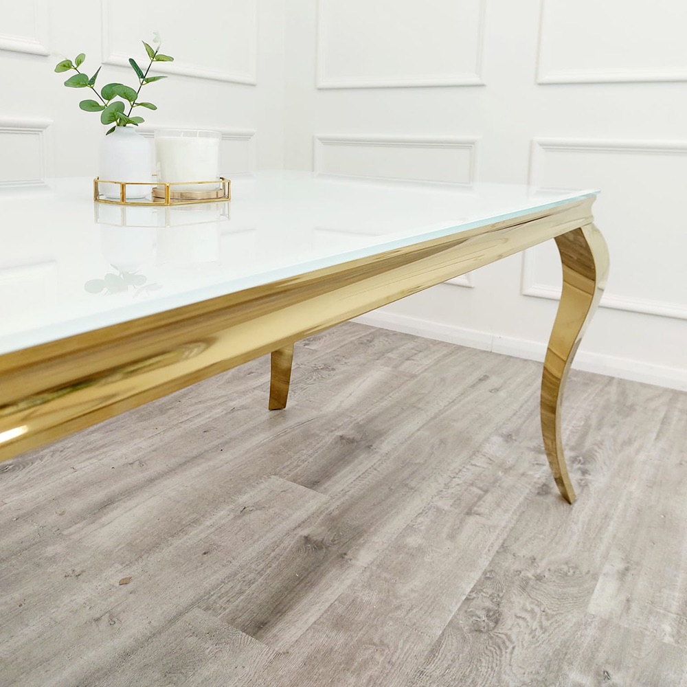 Gold Louis framed Dining table with white glass Top 6 sizes to choose from