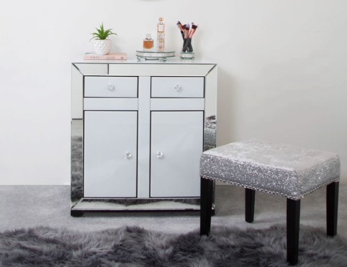 * Madison White & Silver  Mirrored 2 Draw 2 Door Sideboard 
