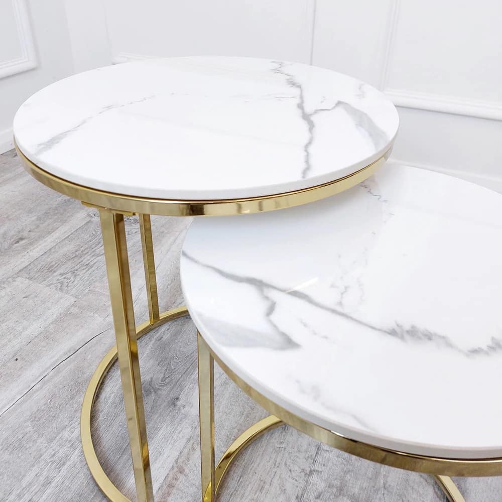 Gold Juno Round  Lamp Tables x2  with Polar White Sintered Stone Top