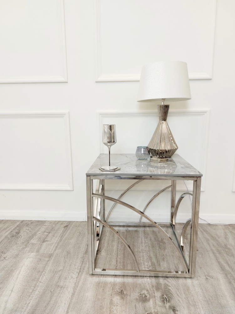 Juno Silver Lamp Table with Polar White Sintered Stone Top