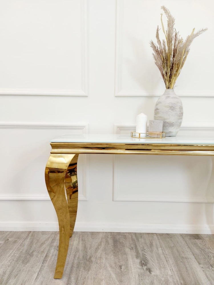 Gold Louis framed console table with white glass Top 