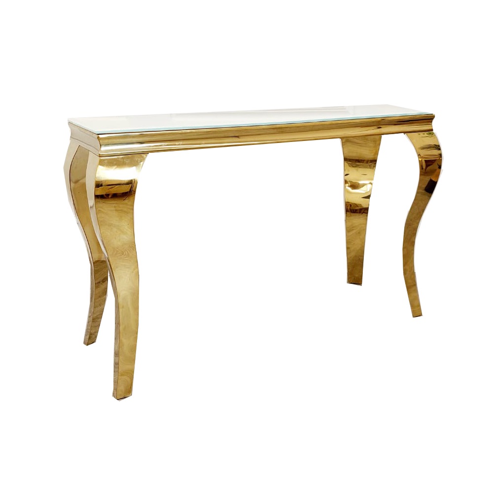 Gold Louis framed console table with white glass Top