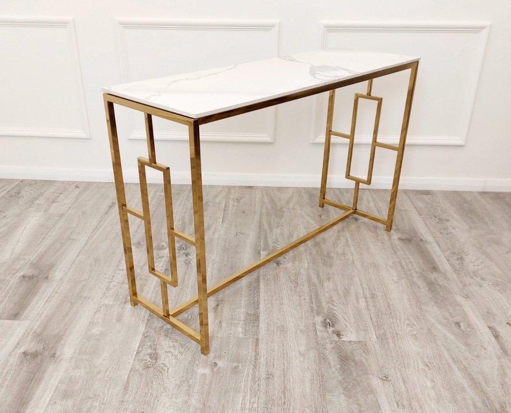 Gold Juno  Console Table  with Polar White Sintered Stone Top