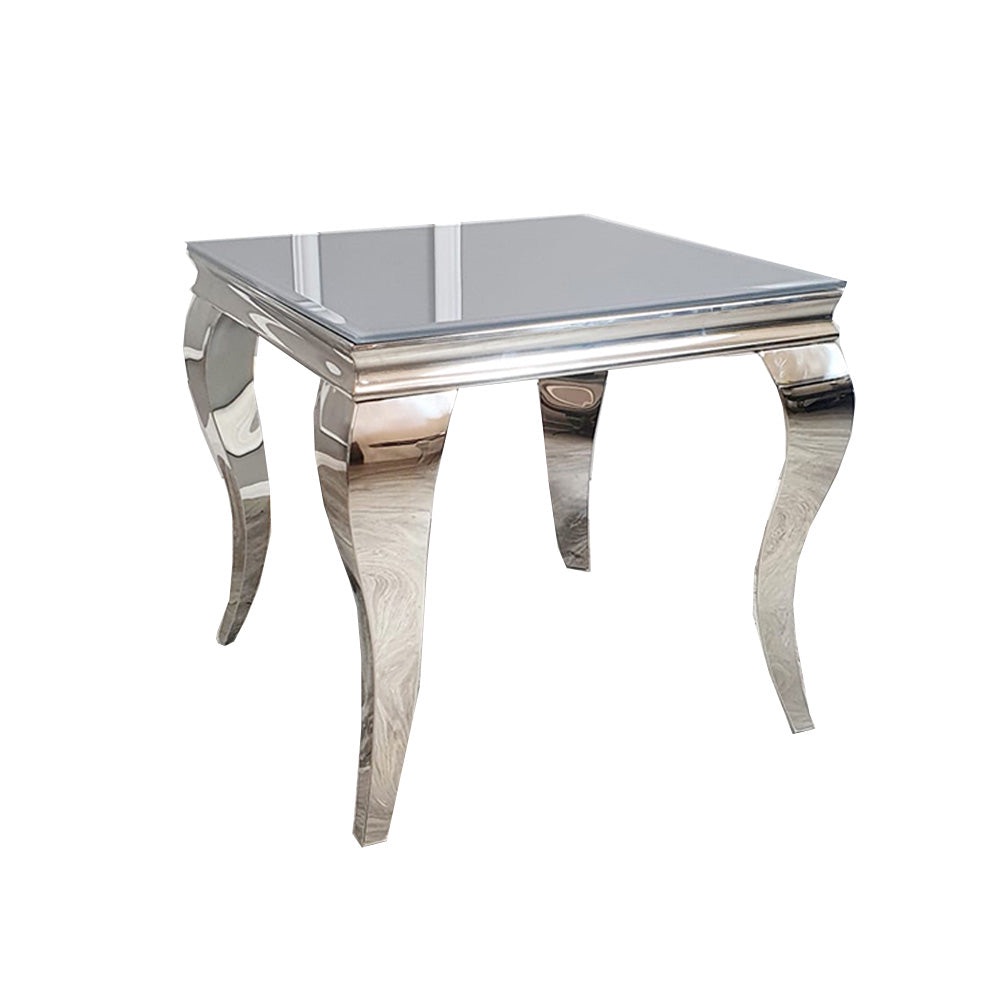 Louis silver framed lamp table with grey glass Top 60cm x 60cm