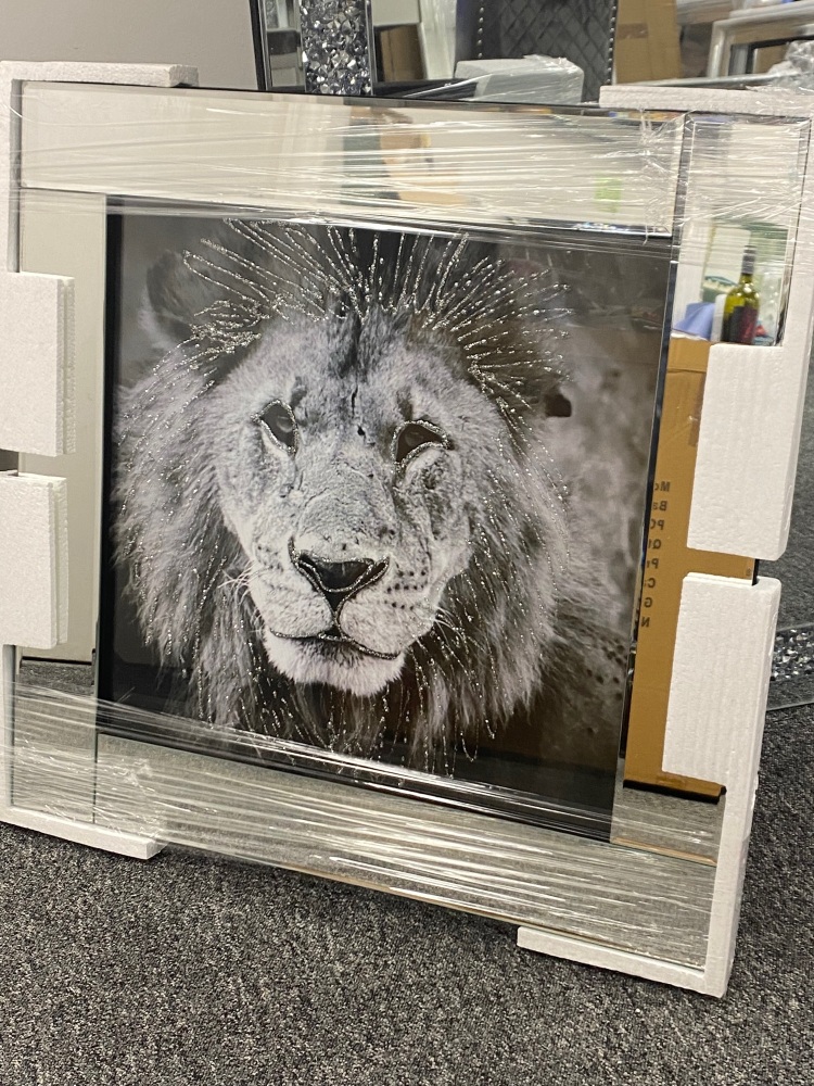 Mirror framed Lion head Silver Glitter 60cm x 60cm