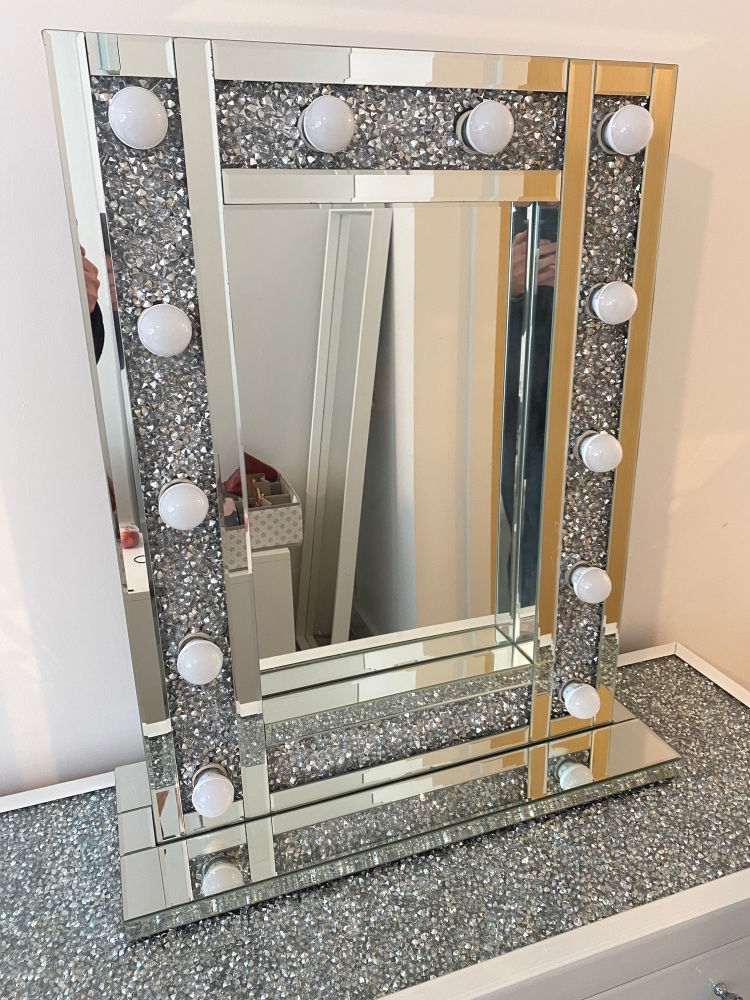 * Monica Diamond Crush Mirrored White 2  Draw Dressing Table with a Diamond  Crush Top  Special & Hollywood Mirror with free bulbs - special offer pri