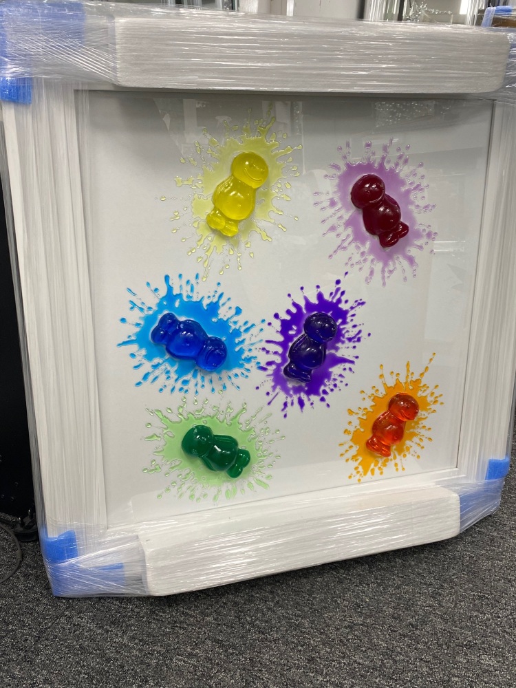 3D colourful Scatter Jelly Babies wall art on a white gloss background white stepped frame or chrome silver stepped frame