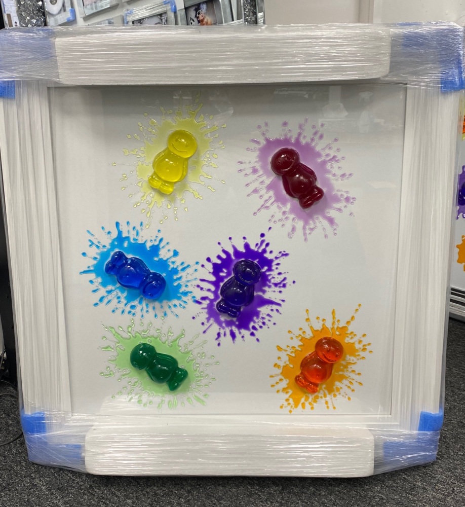 3D colourful Scatter Jelly Babies wall art on a white gloss background white stepped frame or chrome silver stepped frame