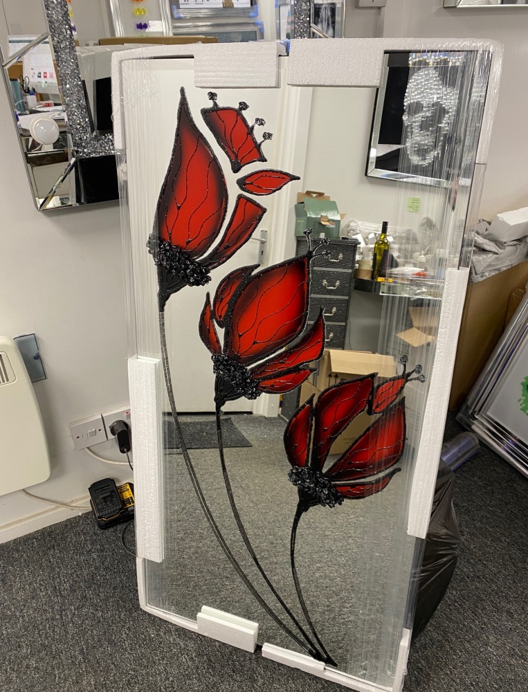 Liquid Glass Tulips / Poppies in Red and Swarovski Crystals on a Silver Mirror 