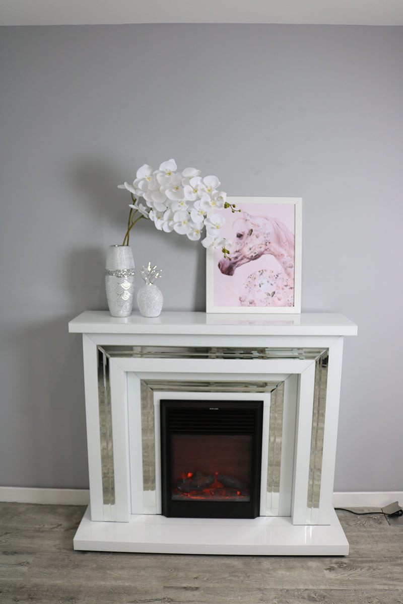 Bianco White & Silver Mirrored Fire Surround with electric fire 144cm