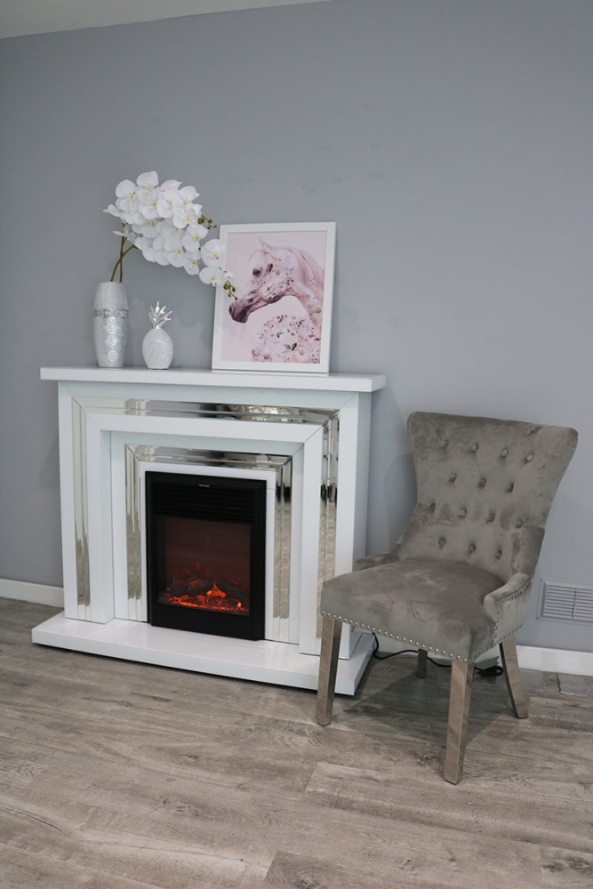 Bianco White & Silver Mirrored Fire Surround with electric fire 144cm
