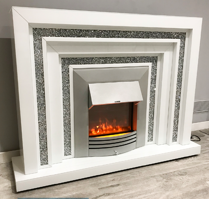 *Diamond crush sparkle Levels Mirrored Fire Surround with electric fire in white with pebble Fire
