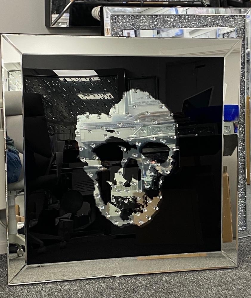 Floating Crystals "Skull" Decor on Black Gloss & Silver Bevelled Mirror x 90cm x 90cm item in stock fast delivery