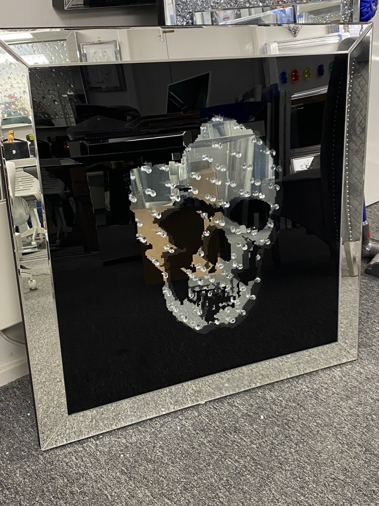 Floating Crystals "Skull" Decor on Black Gloss & Silver Bevelled Mirror x 90cm x 90cm item in stock fast delivery