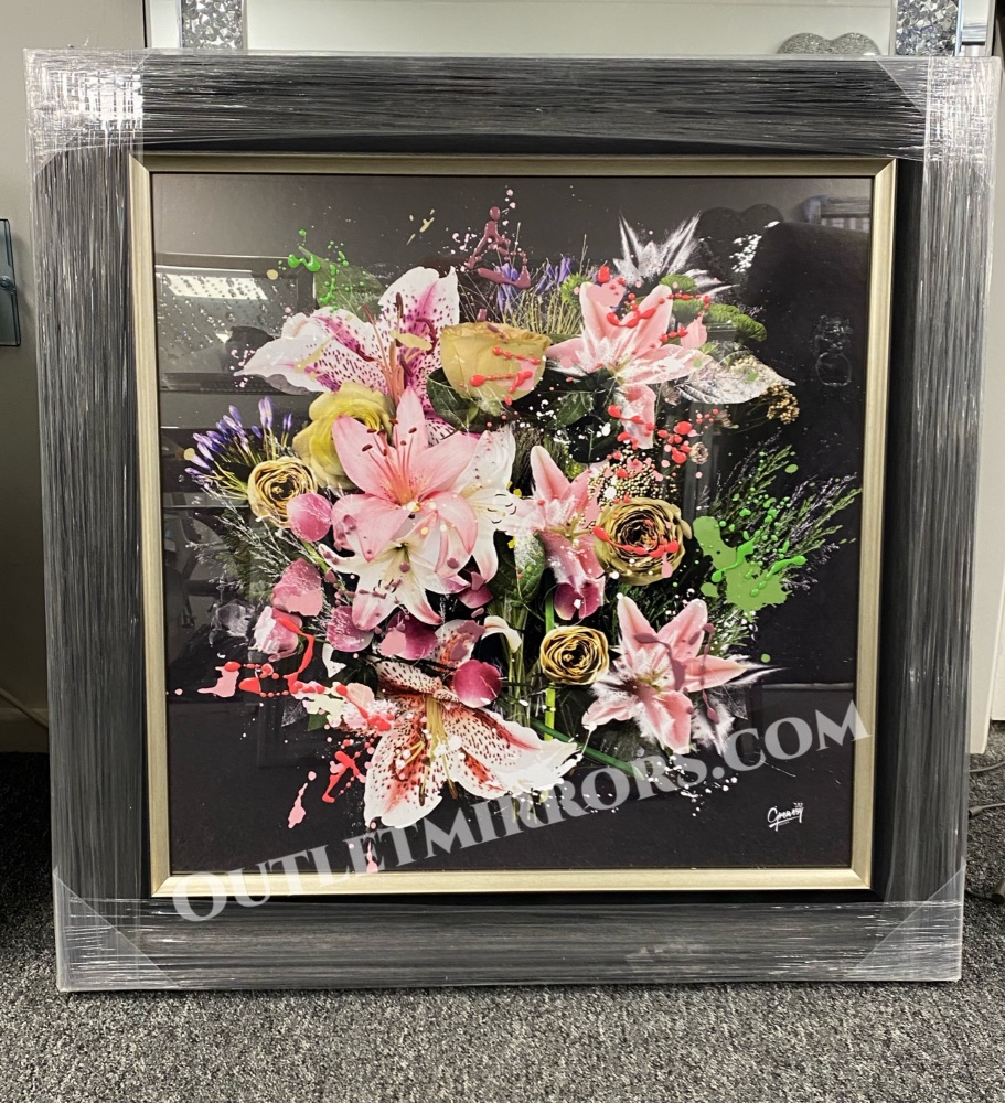 "Glitter Sparkle  Glamour Flowers" in a charcoal & Gold Frame 75cm x 75cm